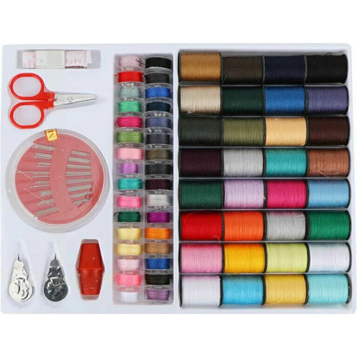 Set de ate de cusut, 32 spule colorate, 30 ace, 1 metru moale, 1 foarfeca, 2 degete, 1 despicator de ata