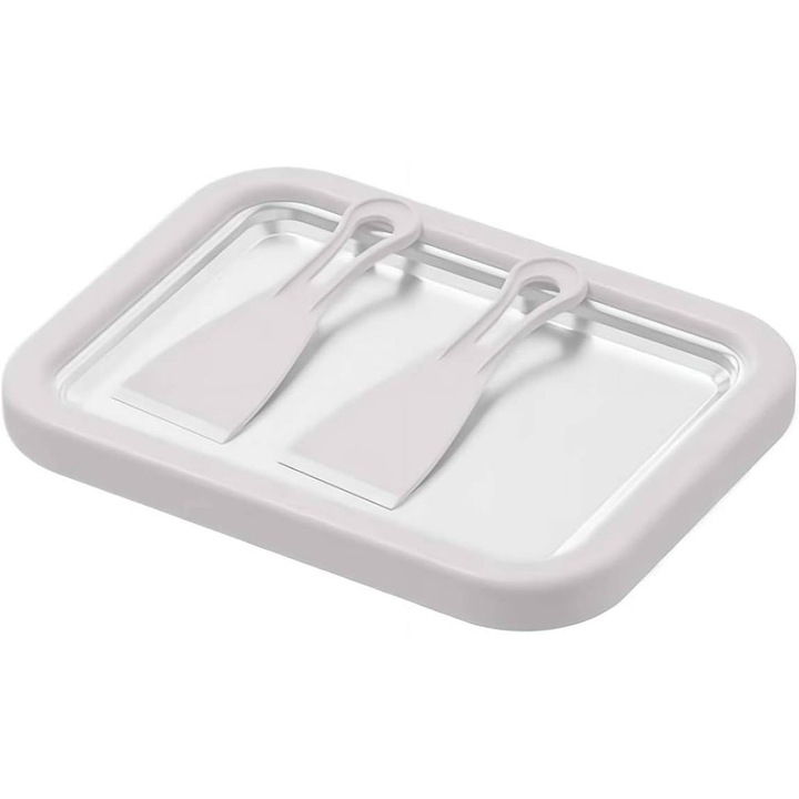 Set aparat de preparat inghetata - tava mare, 2 spatule, pentru inghetata, iaurt si sorbet, alb