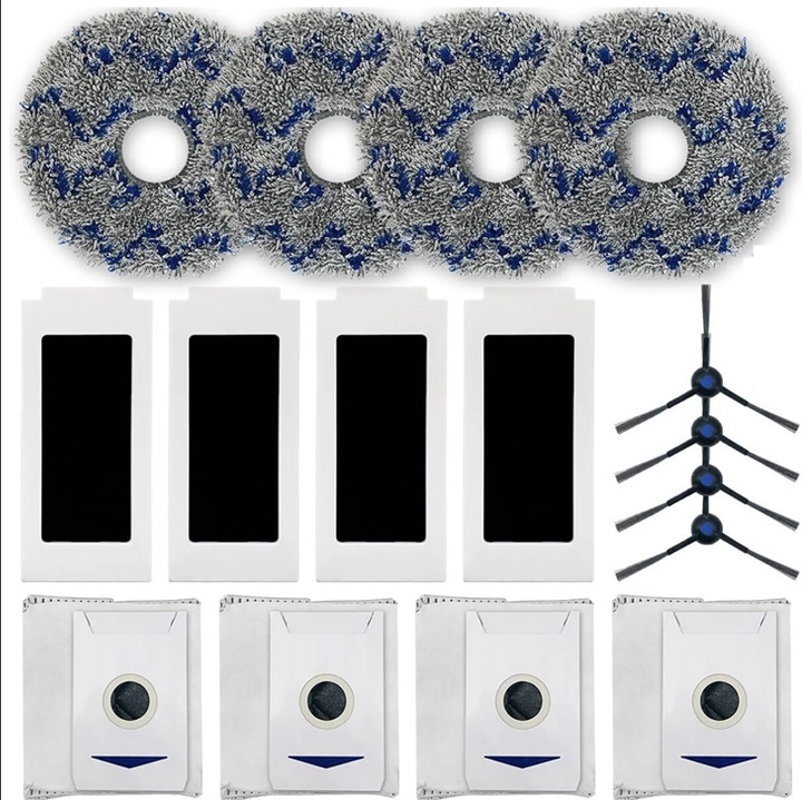 Set accesorii 16 piese pentru aspirator robot ECOVACS DEEBOT T30 Omni, 4 filtre HEPA, 4 perii laterale, 4 mopuri, 4 saci de praf