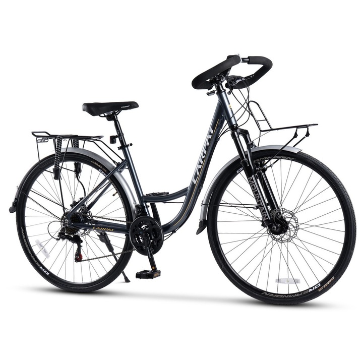 Bicicleta MTB de drum Carpat Roadster JSX28350, echipare Shimano, suspensie fata, roata 28 inch, frana disc fata/spate, 21 viteze, gri cu alb