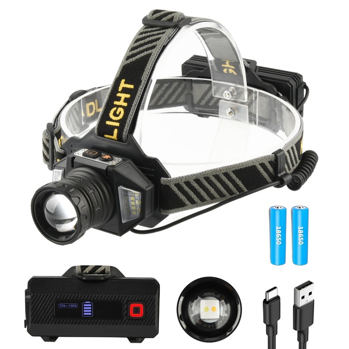 Lanterna frontala, USB reincarcabila, 2000 lumeni, aluminiu, pentru camping si pescuit