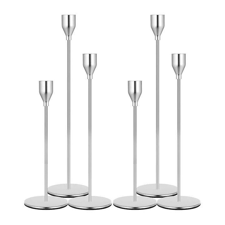 Set 6 suporturi pentru lumanari, metalice, inaltimi variate, argintii
