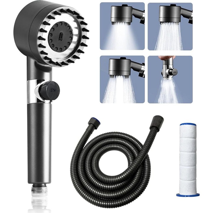 Dus cu economisire de apa, cap de dus cu presiune mare, 4 moduri de pulverizare, cu furtun de 1,5 metri, filtrare eficienta, gri