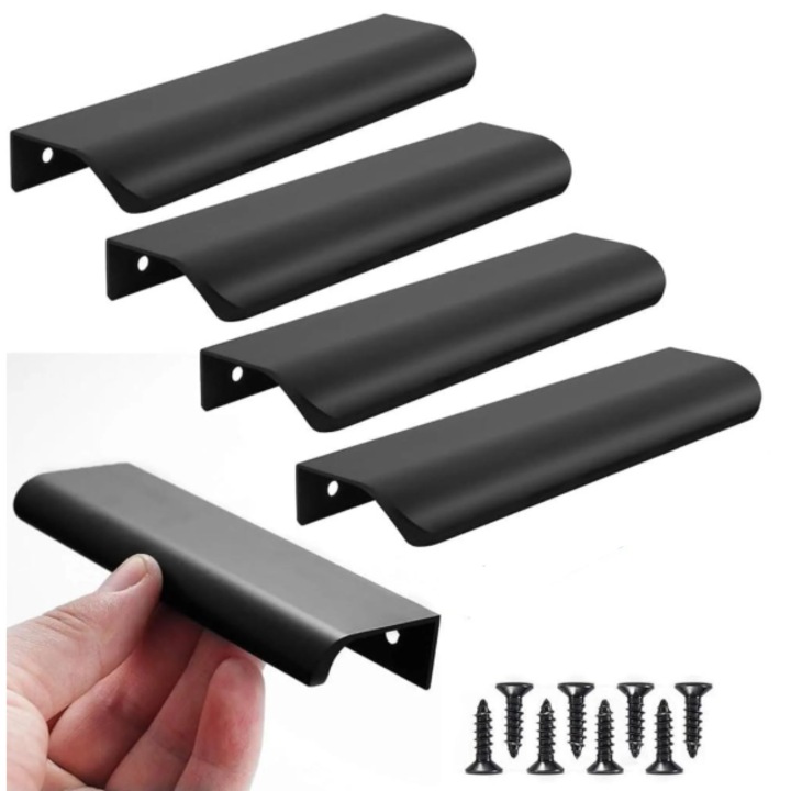 Manere de mobila negre elegante, set de 4 piese, 120mm, design ascuns, aliaj de aluminiu