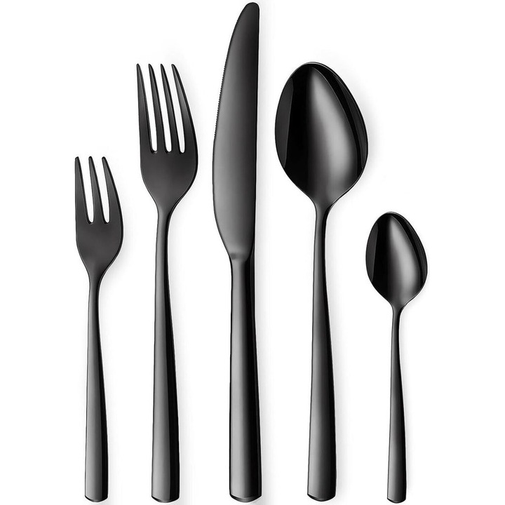 Set de tacamuri 30 piese, inox, negru mat, pentru 6 persoane, lavabil la masina de spalat.