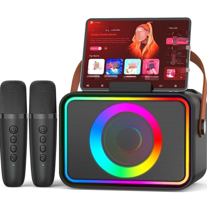 Hordozható karaoke szett Bluetooth hangszóróval és két mikrofonnal, hangeffektekkel, LED fényekkel, többszínű