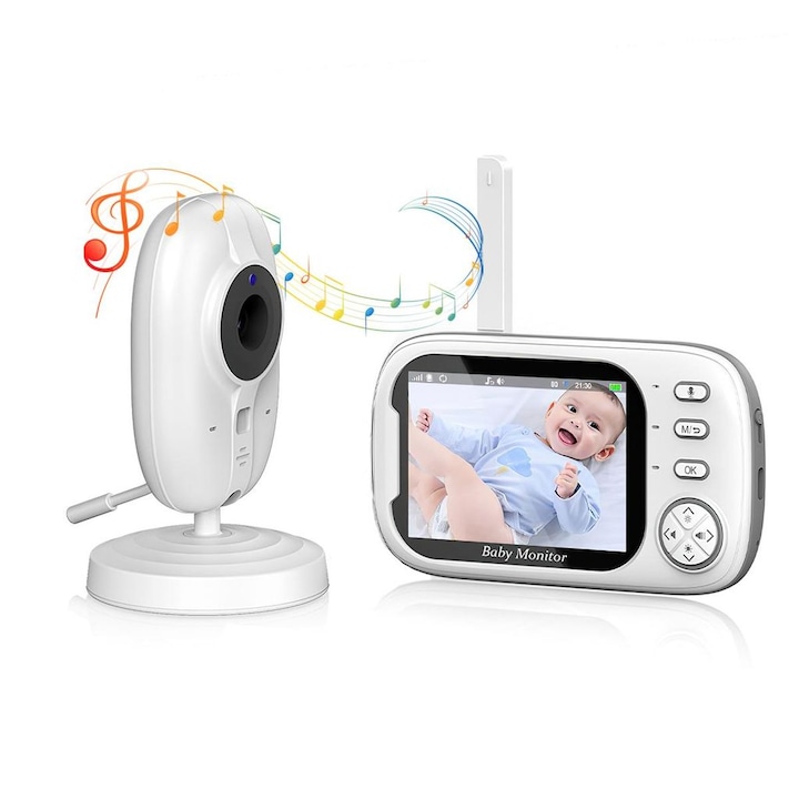Bébi videó monitor, 3.5 hüvelykes LCD kijelző, kétirányú kommunikáció, infravörös éjjellátó, hőmérséklet-figyelés