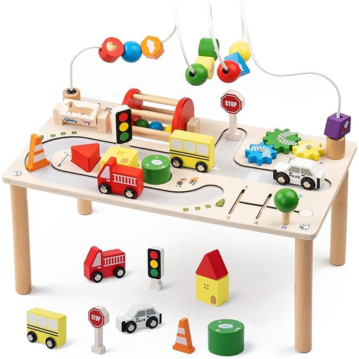 Masa de activitati multifunctionala din lemn 7 in 1, Duueyct, 8 jucarii Montessori multicolore, jocuri educative senzoriale pentru copii, 3 ani+, masa de activitati pentru bebelusi cu labirint cu margele si sortator de forme