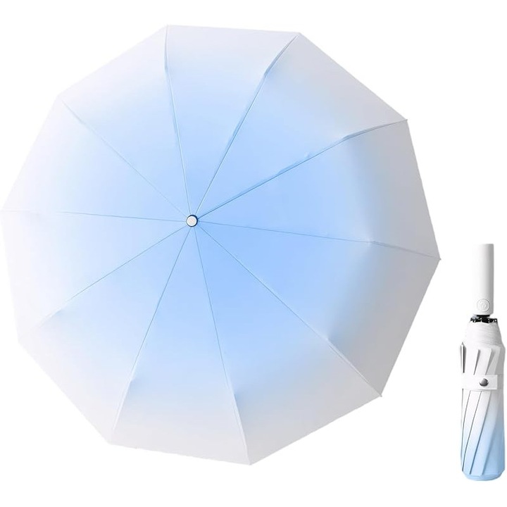 Umbrela automata pentru femei, design gradient, protectie UV 50+, usoara si compacta, albastra