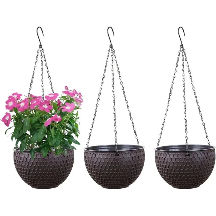 Set 3 ghivece suspendate, auto-udare, design fagure, culoare maro inchis, dimensiuni 16.5x7.8x11cm