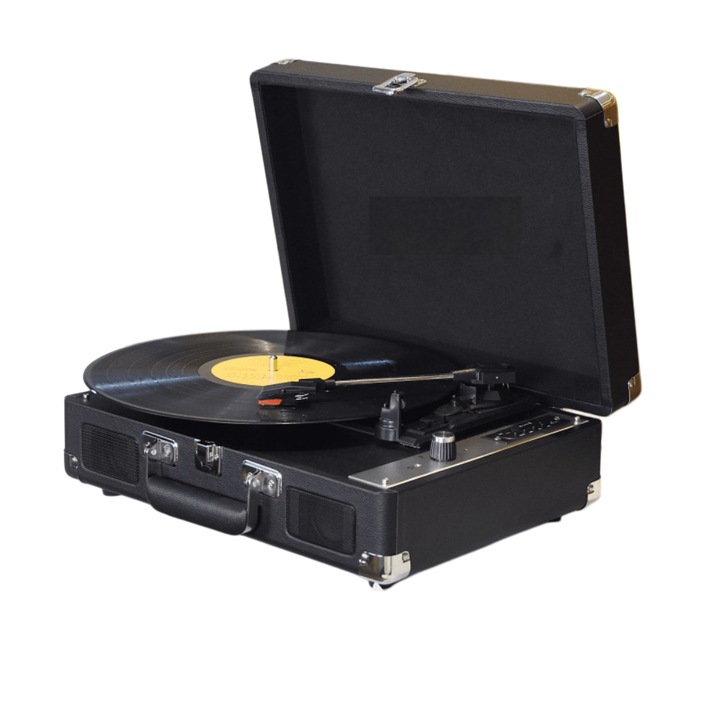 Pickup pentru discuri de vinil, cu functie Bluetooth, rezistent la vibratii, compatibil cu mai multe moduri de redare, cu functie de oprire automata a platoului, 350 x 260 x 120 mm, 33/45/78 RPM, negru