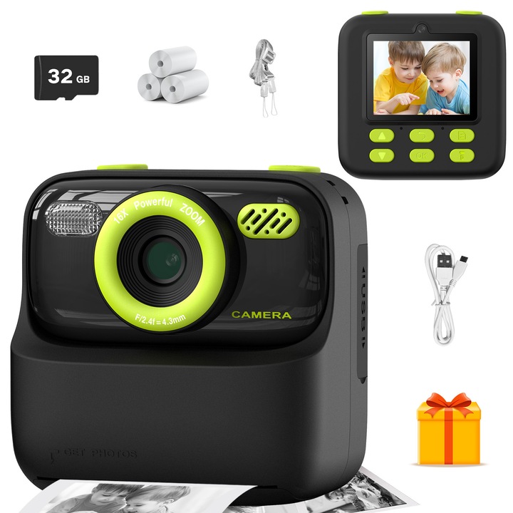 Camera instantanee pentru copii, imprimare rapida, 2 moduri de imprimare, 32GB, negru si verde