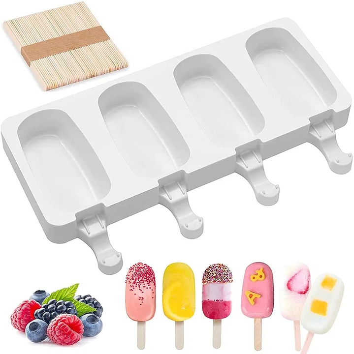 Set forme de inghetata din silicon, 4 compartimente, include 50 bete, 21.1x12.5x2.1cm