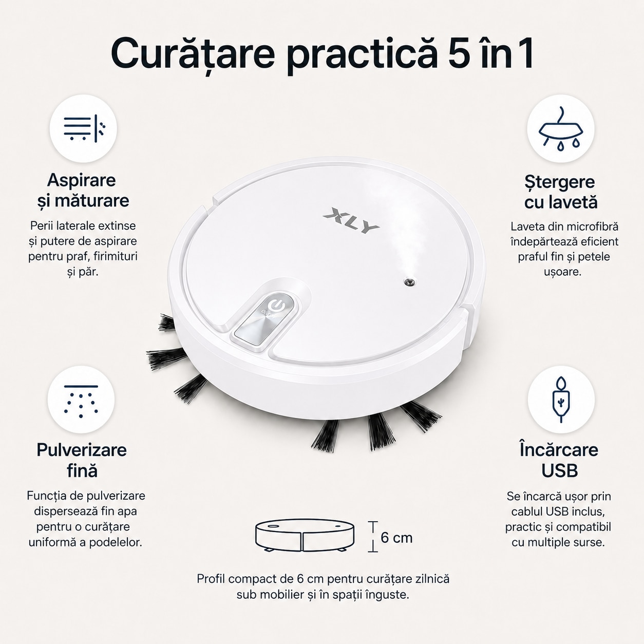 Aspirator robot XLY 5 in 1 2000Pa alb pentru covoare si par de animale