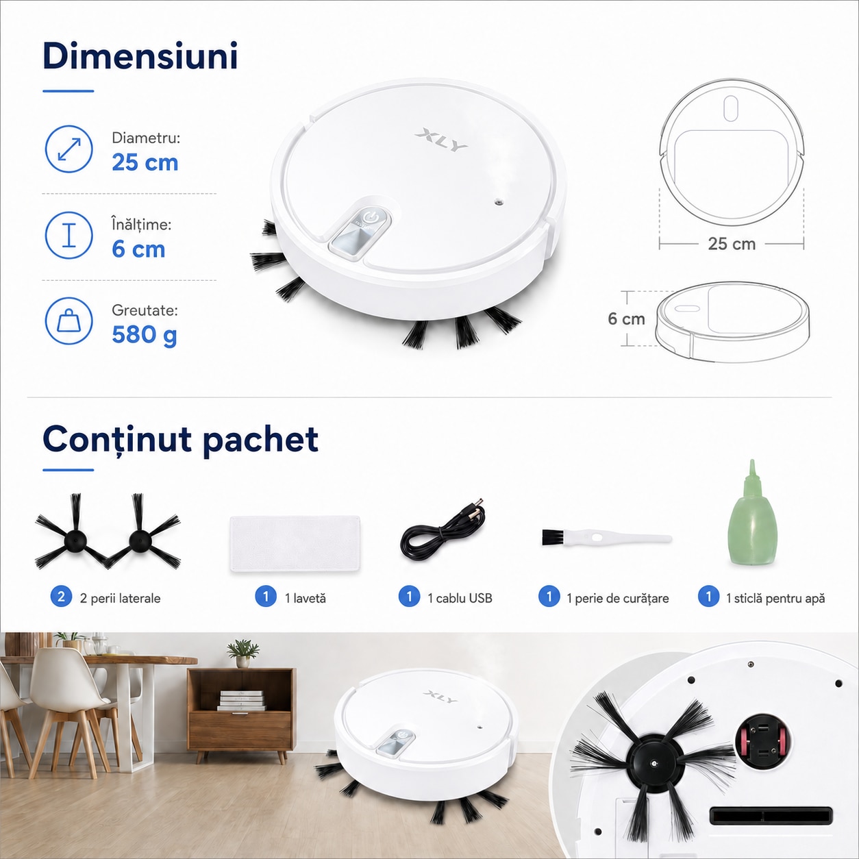 Aspirator robot XLY 5 in 1 2000Pa alb pentru covoare si par de animale