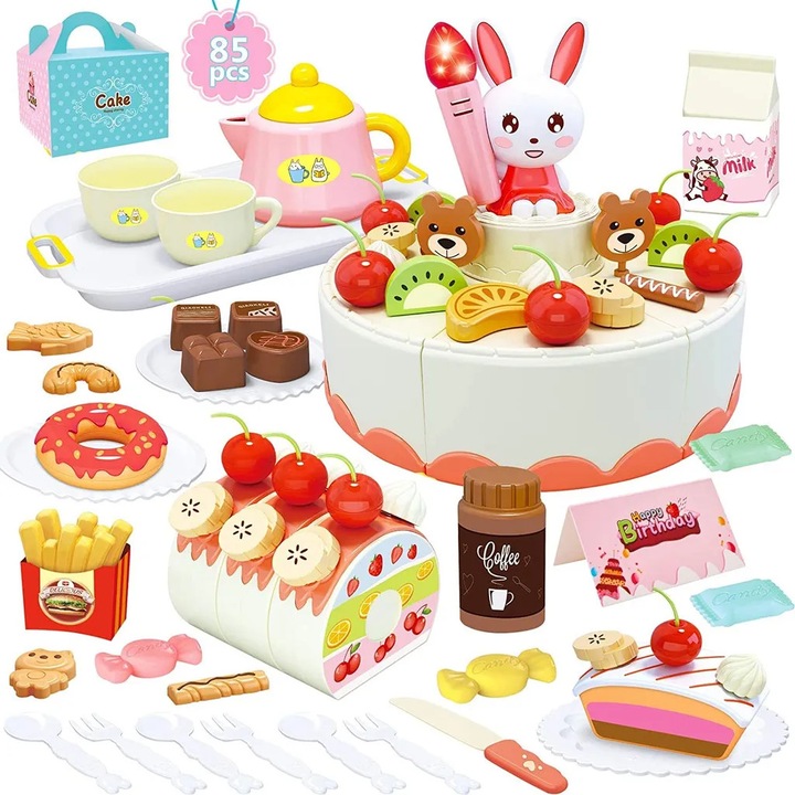 Set jucarie de bucatarie pentru copii, tort de ziua de nastere, 85 accesorii, lumini si sunete, 3 ani+