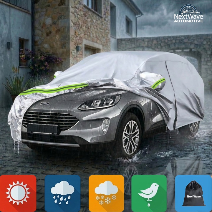 Prelata Auto Premium NextWave®️, Impermeabila, Protectie UV, Praf, Zapada, Inghet, Universala pentru SUV, Buzunare Oglinzi, Fermoar Usa Sofer, Material Premium, Husa Saculet Depozitare, benzi reflectorizante verzi, 490 x 200 x 185 cm