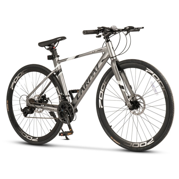 Bicicleta Gravel Carpat JSX28581, cadru din aluminiu cu cabluri integrate, roata 28 inch, cauciuc profil drum, frana disc fata/spate, echipare A3, 24 viteze, gri/negru