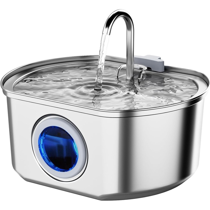 Fantana pentru pisici din otel inoxidabil, 3.2 litri, cu fereastra pentru nivelul apei