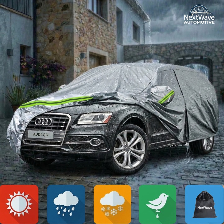Prelata Auto Premium NextWave®️, Impermeabila, Protectie UV, Praf, Zapada, Inghet, Universala pentru SUV, Buzunare Oglinzi, Fermoar Usa Sofer, Material Premium, Husa Saculet Depozitare, benzi reflectorizante verzi, 510 x 200 x 185 cm