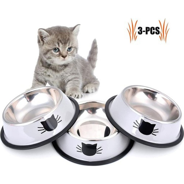 Set 3 boluri pentru pisici din otel inoxidabil, gri, 12x15.2cm