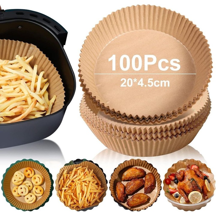 Set 100 foi de hartie pentru friteuza cu aer, 20x4.5cm, rezistente la caldura, non-aderente