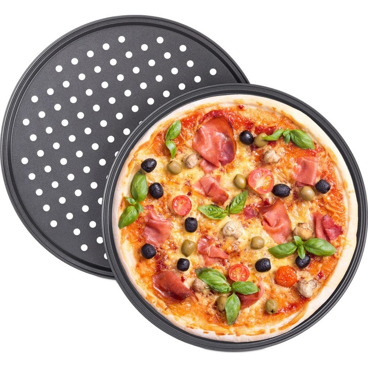 Set tavi rotunde pentru pizza, 2 piese, design perforat, non-aderent, otel carbon