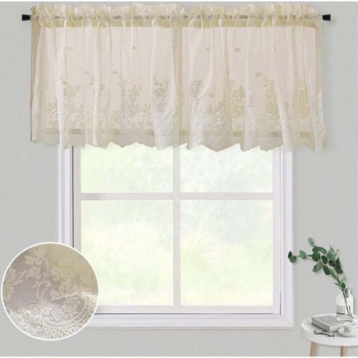 Perdele scurte din dantela, model floral, bej, 130x41 cm, set