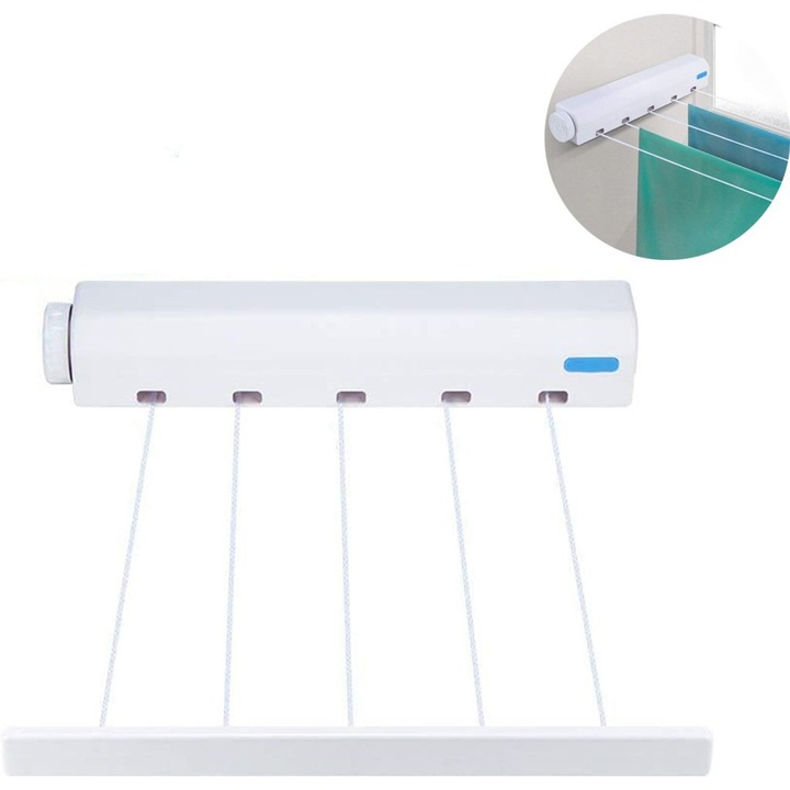 Uscator rufe retractabil, 5 randuri, roz si albastru, 36.8x6.3x6cm, lungime extinsa 3.75m