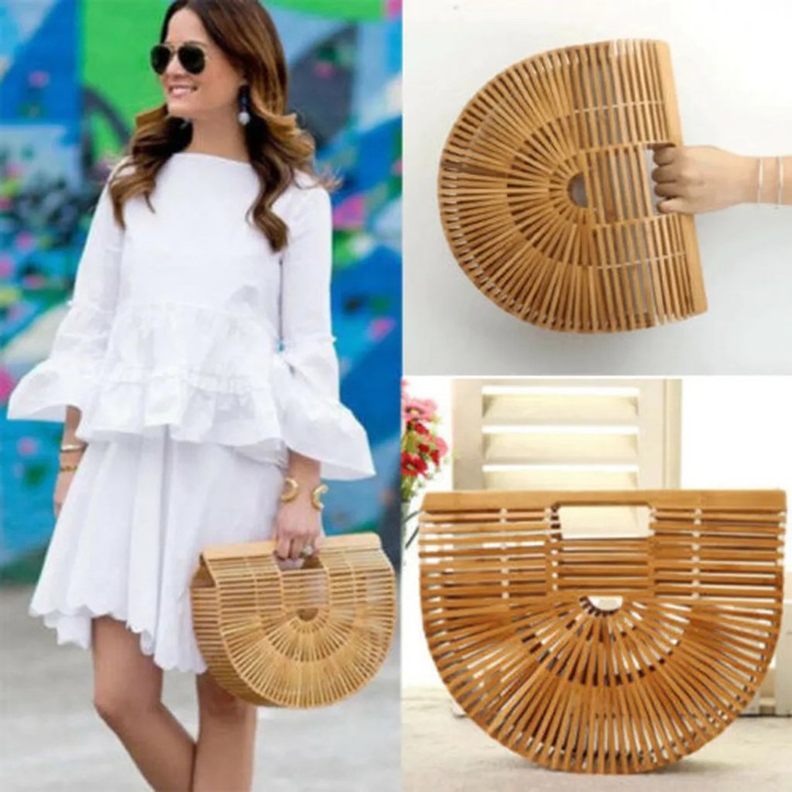 Geanta de plaja din bambus, dimensiuni 28x24x8cm, set cu 1 geanta de mana pentru femei