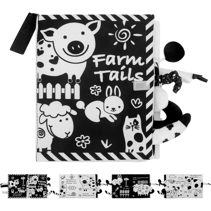 Carte interactiva pentru bebelusi, animale de ferma, materiale tactile, sunete de fosnet, 0-3 ani