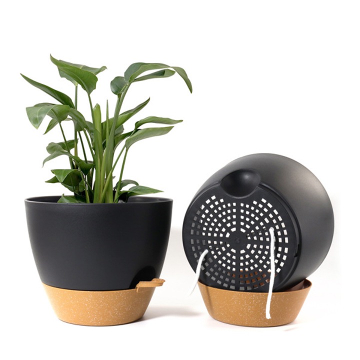 Set de 2 ghivece rotunde din plastic, cu drenaj, 16.5 cm, pentru plante de interior si exterior, culoare neagra