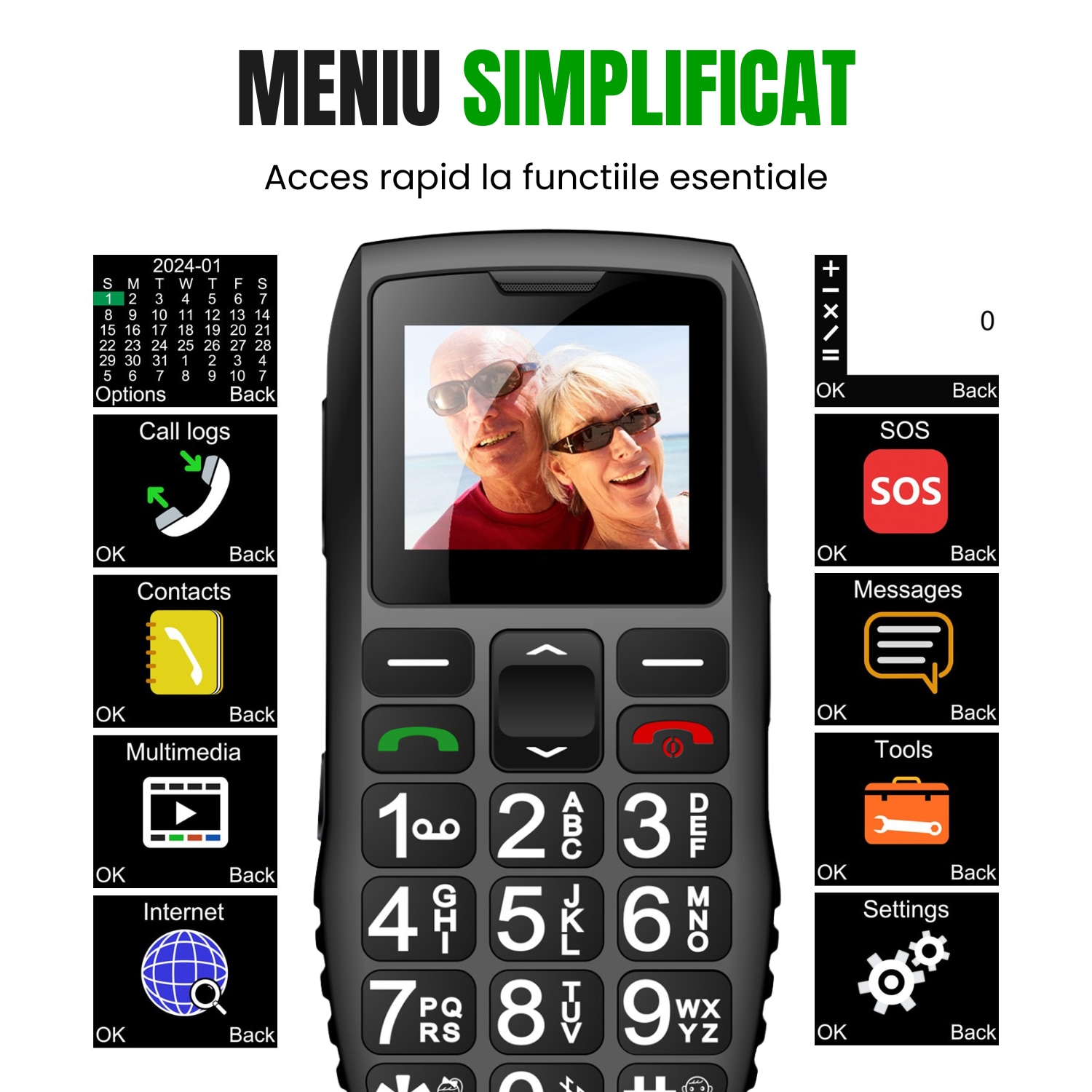Telefon Mobil WIRSEN 1 pentru Seniori 4G, Buton SOS, Butoane Mari, USB-C, Baterie 1400 mAh