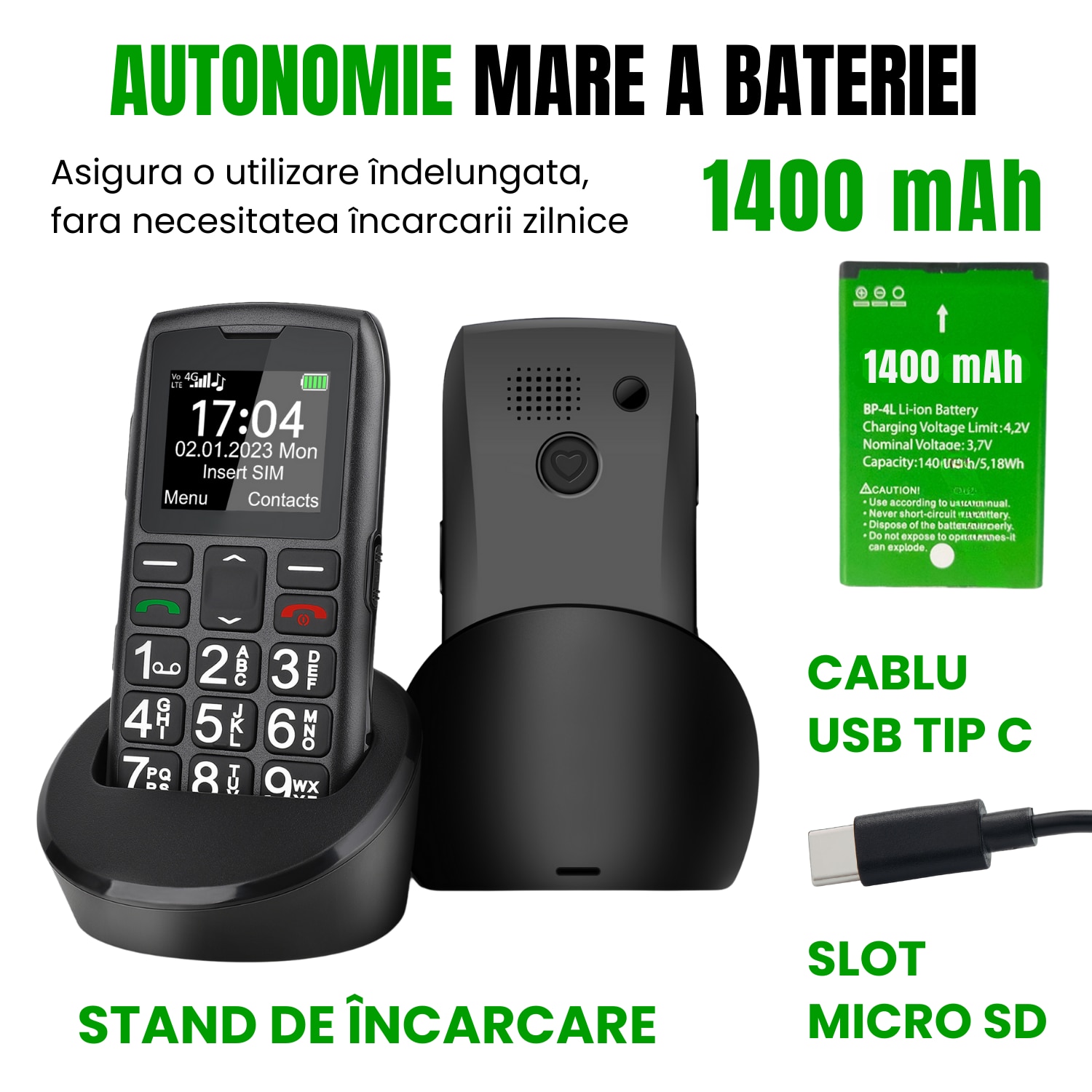 Telefon Mobil WIRSEN 1 pentru Seniori 4G, Buton SOS, Butoane Mari, USB-C, Baterie 1400 mAh