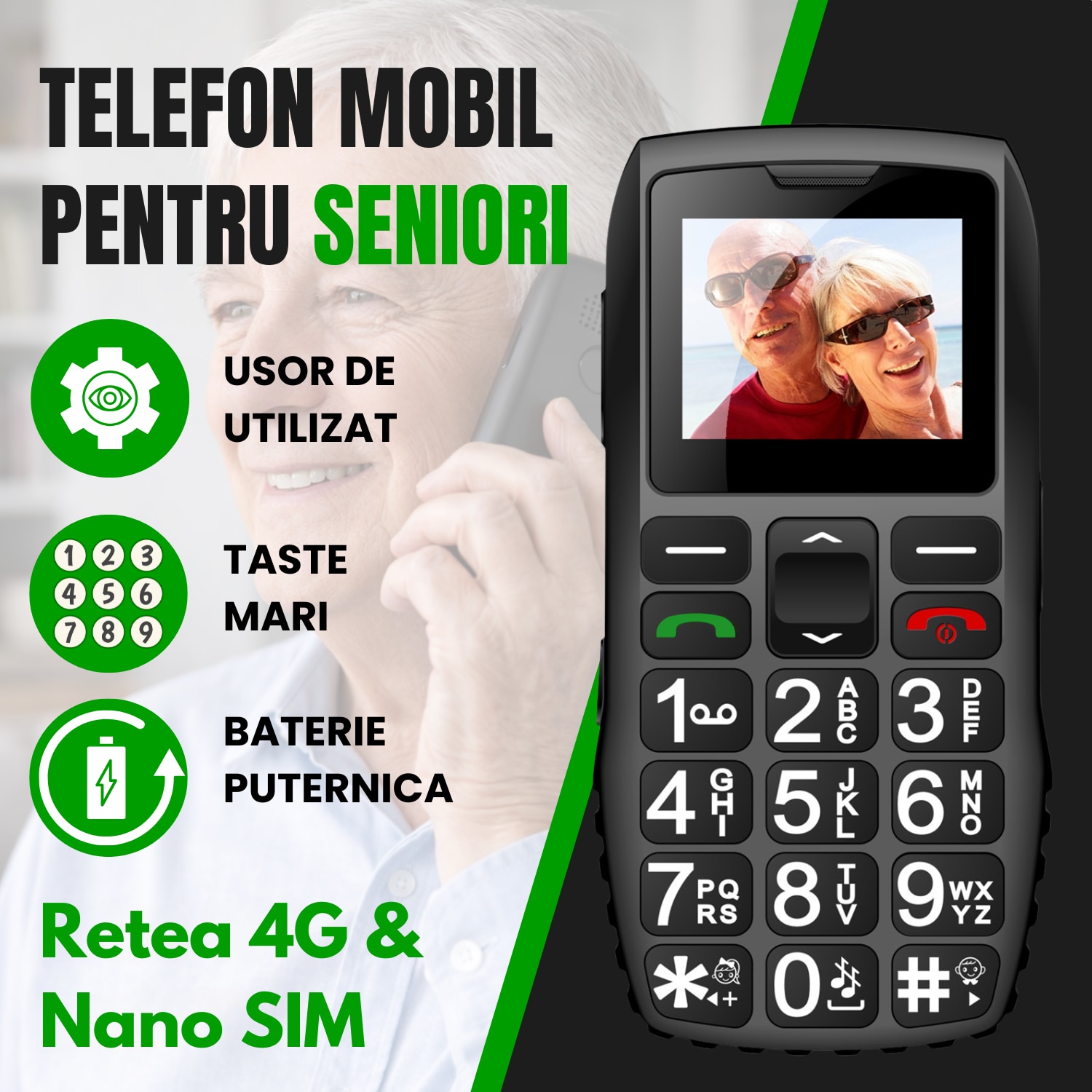 Telefon Mobil WIRSEN 1 pentru Seniori 4G, Buton SOS, Butoane Mari, USB-C, Baterie 1400 mAh