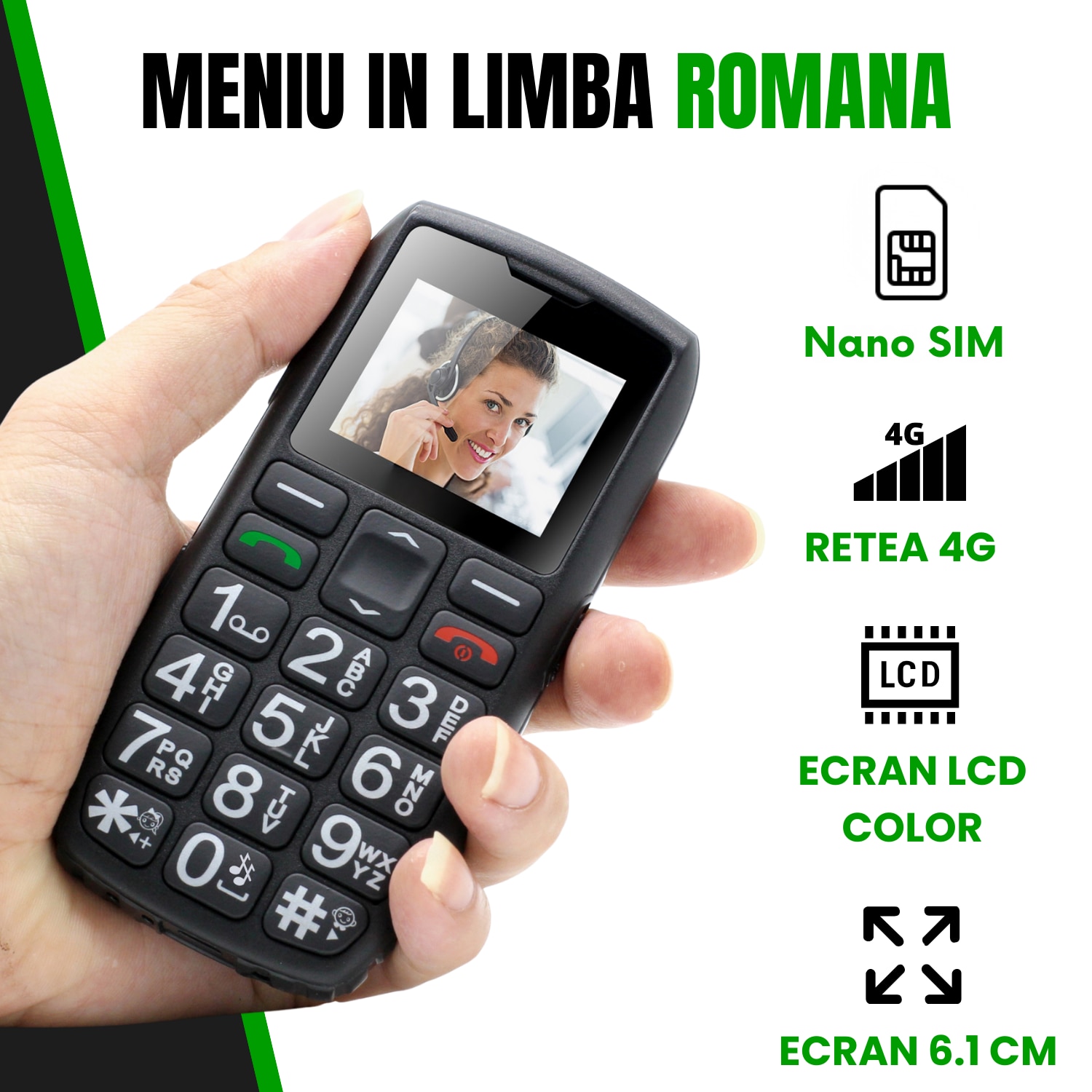 Telefon Mobil WIRSEN 1 pentru Seniori 4G, Buton SOS, Butoane Mari, USB-C, Baterie 1400 mAh