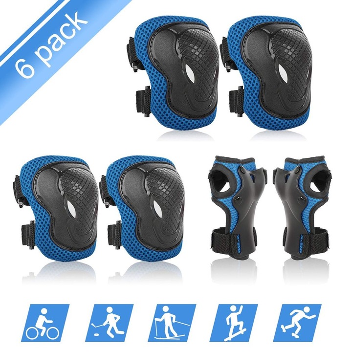 Set de protectie pentru copii, genunchiere, cotiere, protectii pentru incheieturi, albastru, 4-13 ani