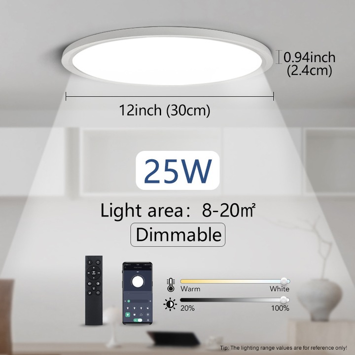 Plafoniera inteligenta dimabila, LED, design ultra-subtire, neagra, 25W, control prin aplicatie si telecomanda
