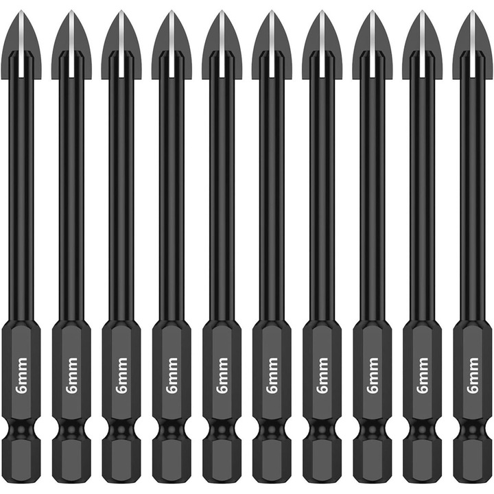 Set de 10 burghie hexagonale Phillips 6mm, pentru ceramica, metal, lemn, plastic, beton