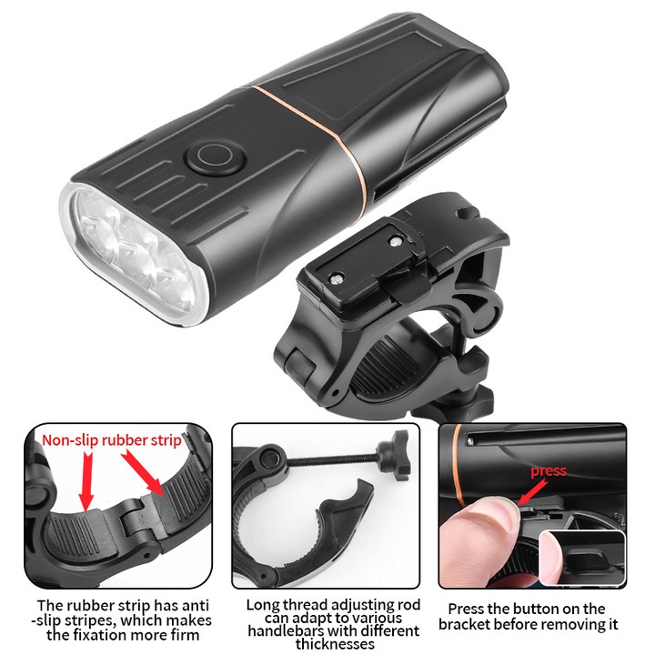 Lumina bicicleta, 6 LED-uri, 1400lm, impermeabil IPX4, incarcare USB Type-C, dimensiuni 11.8x5.2x3cm, set cu baterii 5000mAh