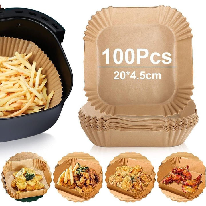 Folie de copt pentru friteuze cu aer, 100 bucati, 20x23.5cm, rezistenta la ulei, pentru friteuze de 8 litri si mai mari