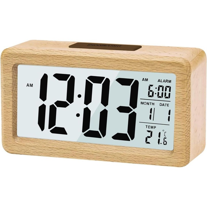 Ceas decorativ digital din lemn, senzor de temperatura, buton snooze, 12/24 ore, beech wood