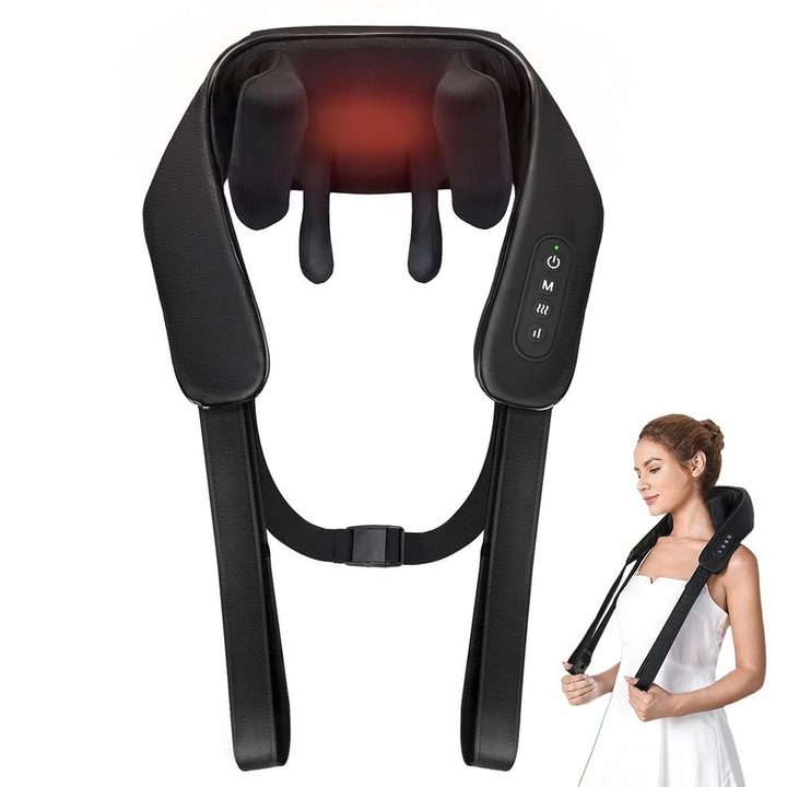 Masajer electric pentru gat, 6D, incalzire, 1800mAh, design ergonomic, set de masaj