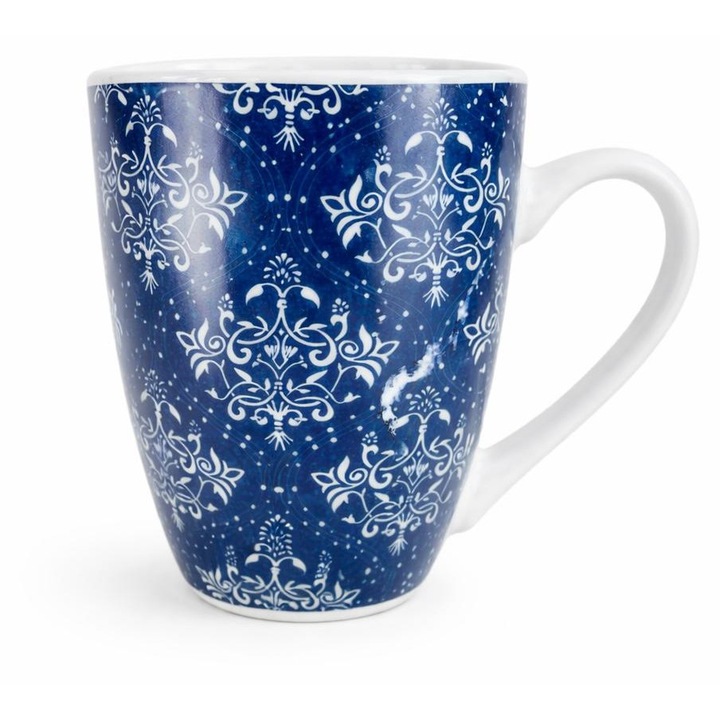 Cana ceramica, Albastru, model floral alb, 8.2 X 10.3CM 350 ml