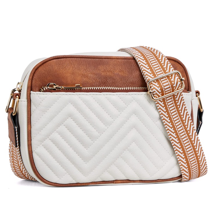 Geanta crossbody dama, alb si maro, cu curea ajustabila, compartimente multiple, design anti-furt