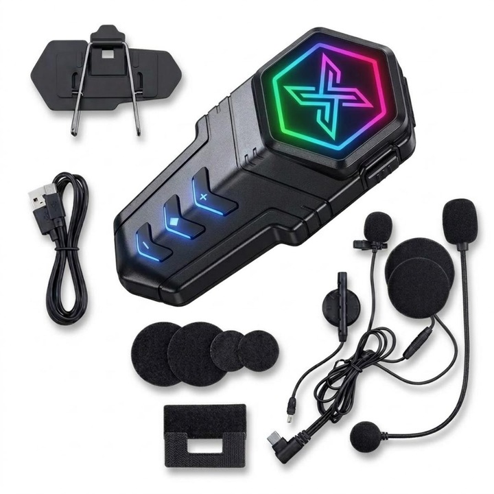 Мото комуникационна система Xiusaqio, Bluetooth 5.3, IPX67, 1000mAh, 45ч автономност, двойна връзка, интелигентно намаляване на шума, автоматични повиквания, музика, гласова навигация, черна