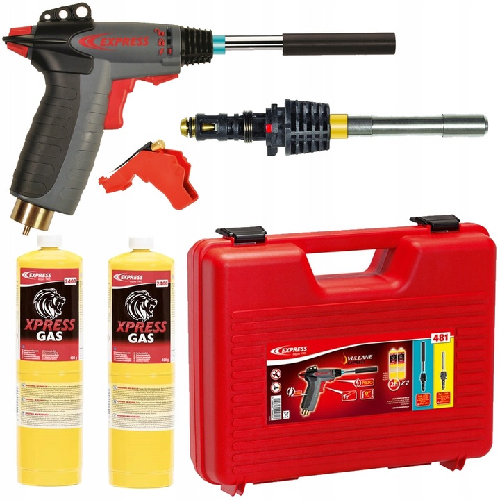 Set pistol de lipit Vulcane Express, 3 pozitii flacara, greutate sub 400g, cu lance pentru tuburi de cupru 14 si 35, 2 cartuse gaz propilen
