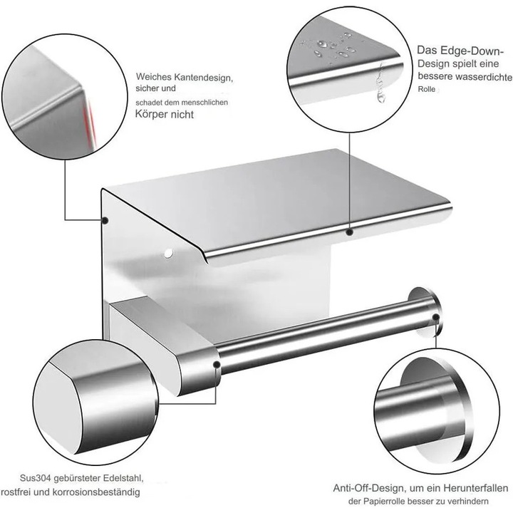 Suport pentru hartie igienica, cu raft integrat, din otel inoxidabil periat, autoadeziv, montat pe perete, pentru baie si bucatarie