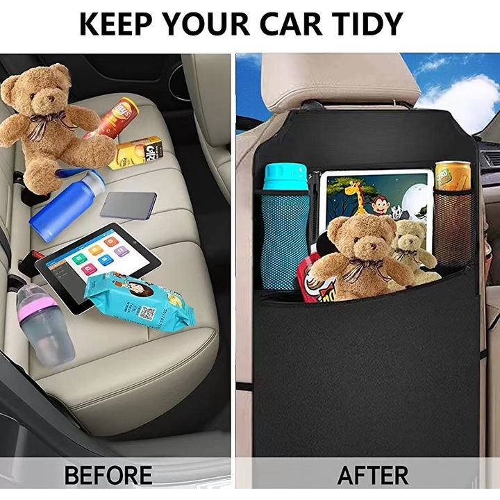 Huse auto, set 2 buc, protectie spate scaun auto, compartimente mari, suport transparent pentru tableta, negru, 61x41cm