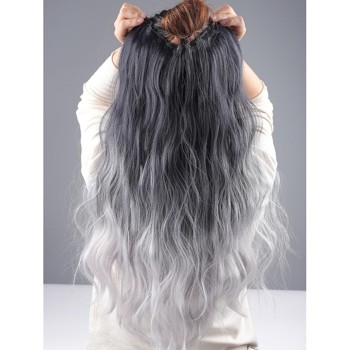 Extensii de par ondulate, 55cm, cu clipsuri V, set, brun cu degrade albastru/gri